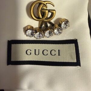 Gucci Antiqued Gold Double G Brooch with Clear Crystals